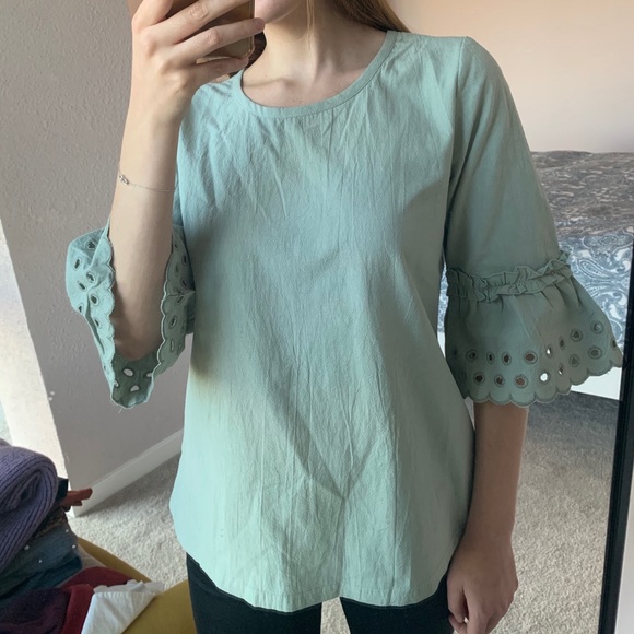 📦 MOVE OUT SALE - Embroidered Bell Sleeve Boho Top in Sage Green - Picture 8 of 8